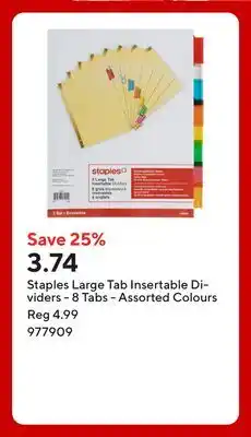 Staples Staples Large Tab Insertable Dividers - 8 Tabs - Assorted Colours offer