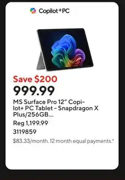 Staples MS Surface Pro 12 Copilot+ PC Tablet - Snapdragon X Plus/256GB SSD/16GB RAM/Platinum offer