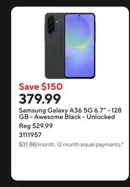 Staples Samsung Galaxy A36 5G 6.7 - 128 GB - Awesome Black - Unlocked offer