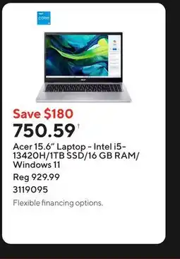 Staples Acer 15.6 Laptop - Intel i5-13420H/1TB SSD/16 GB RAM/Windows 11 offer