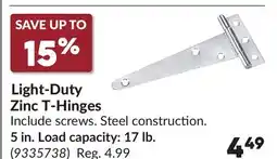 Princess Auto 5 in. Load capacity: 17 lb. Light-Duty Zinc T-Hinges offer