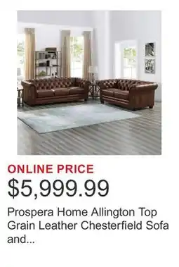 Costco Prospera Home Allington Top Grain Leather Chesterfield Sofa and Loveseat offer