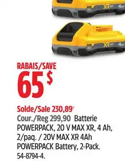 Canadian Tire DEWALT 20V MAX XR 4Ah POWERPACK Battery offer