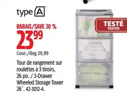 Canadian Tire Type A 3-Drawer Wheeled Storage Tower 26˝ offer