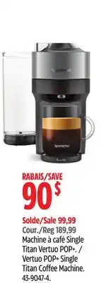 Canadian Tire Nespresso Vertou POP+ Single Titan Coffee Machine offer