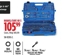 Canadian Tire Mastercraft 184 PCES/PC 60 DENTS TEETH ¼ PO/, ⅜ PO/, ½ PO/ DRIVE SIZES offer
