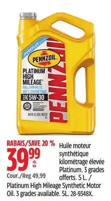Canadian Tire Platinum High Mileage Synthetic Motor Oil. 3grades available. 5L offer