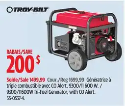 Canadian Tire Troy-Bilt 9300/11600W Tri-Fuel Generator, with CO Alert offer