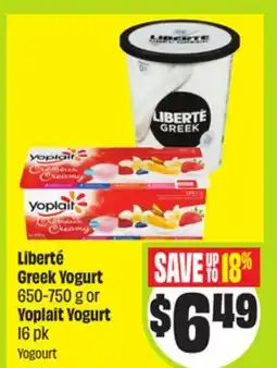 FreshCo Liberté Greek Yogurt 650-750 g or Yoplait Yogurt 16 pk Yogourt offer