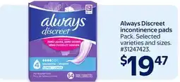 Walmart Always Discreet incontinence pads offer