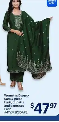 Walmart Women's Dweep Sara 3-piece kurti, dupatta and pants set offer