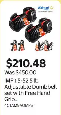 Walmart IMFit 5-52.5 lb Adjustable Dumbbell set with Free Hand Grip Strengthener offer