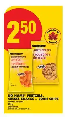 No Frills NO NAME PRETZELS, CHEESE SNACKS or CORN CHIPS offer