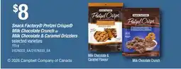 Loblaws SNACK FACTORY PRETZEL CRISPS MILK CHOCOLATE CRUNCH OR MILK CHOCOLATE & CARAMEL DRIZZLERS offer