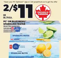 Loblaws PC OR BLUE MENU SPARKLING WATER offer