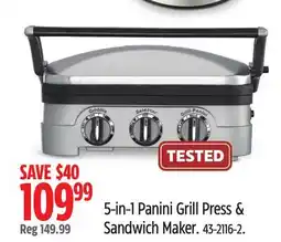 Canadian Tire 5-in-1 Panini Grill Press & Sandwich Maker offer