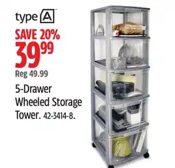 Canadian Tire Type A 5-Drawer Wheeled Storage Tower offer