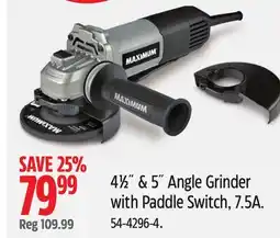 Canadian Tire 4 1/2 & 5 Angle Grinder with Paddle Switch, 7.5A offer
