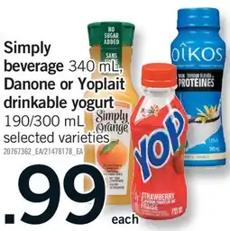 Fortinos SIMPLY BEVERAGE, 340 ML, DANONE OR YOPLAIT DRINKABLE YOGURT, 190/300 ML offer