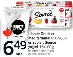 Fortinos LIBERTE GREEK OR MEDITERRANEE, 650-900 G OR YOPLAIT SOURCE YOGURT, 16X100 G offer