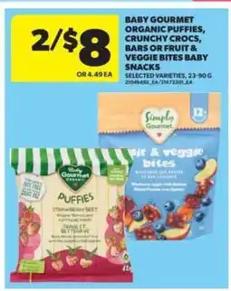 Real Canadian Superstore Baby Gourmet Organic Puffies, Crunchy Crocs, Bars or Fruit & Veggie Bites Baby Snacks offer