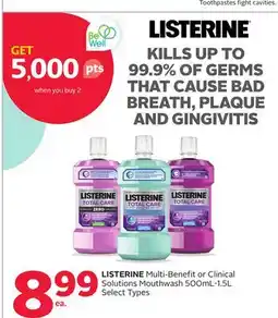 Rexall LISTERINE Multi-Benefit or Clinical Solutions Mouthwash 500mL-1.5L Select Types Toothpastes cavities offer