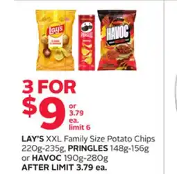 Rexall LAY'S XXL Family Size Potato Chips 220g-235g, PRINGLES 148g-156g or HAVOC 190g-280g offer