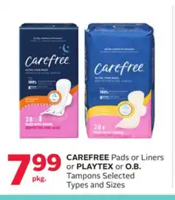 Rexall CAREFREE Pads or Liners or PLAYTEX or O. B. Tampons offer