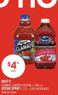 Shoppers Drug Mart MOTT'S CLAMATO, GARDEN COCKTAIL (1.89L) or OCEAN SPRAY (1.77L - 1.89L) BEVERAGES offer
