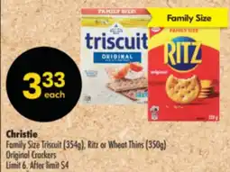 Shoppers Drug Mart Christie Family Size Triscuit (354g), Ritz or Wheat Thins (350g) Original Crackers offer