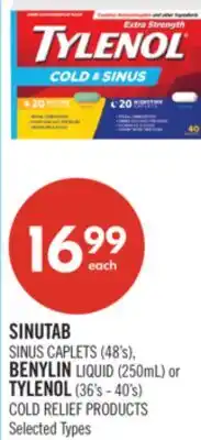 Shoppers Drug Mart SINUTAB SINUS CAPLETS (48's), BENYLIN LIQUID (250mL) or TYLENOL (36's - 40's) COLD RELIEF PRODUCTS offer