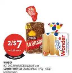 Shoppers Drug Mart WONDER HOT DOG, HAMBURGER BUNS (8's) or COUNTRY HARVEST GRAINS BREAD (570g-600g) offer