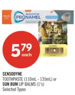 Shoppers Drug Mart SENSODYNE TOOTHPASTE (110mL - 135mL) or SUN BUM LIP BALMS (1's) offer
