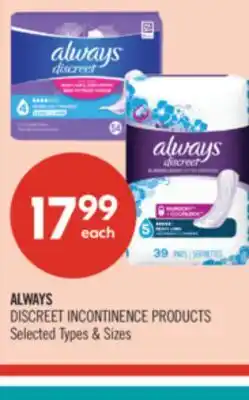 Shoppers Drug Mart ALWAYS DISCREET INCONTINENCE PRODUCTS offer