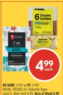 Shoppers Drug Mart NO NAME 2-PLY OR PC 3-PLY FACIAL TISSUES 6'S offer