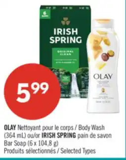 Pharmaprix OLAY Body Wash (364 mL) or IRISH SPRING Bar Soap (6 x 104,8 g) offer