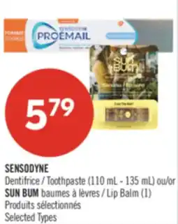 Pharmaprix SENSODYNE Toothpaste (110 mL - 135 mL) or SUN BUM Lip Balm (1) offer