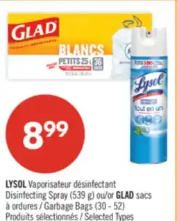 Pharmaprix LYSOL Disinfecting Spray (539 g) or GLAD Garbage Bags (30 - 52) offer