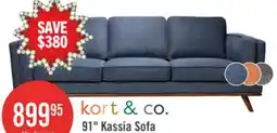 The Brick Kort & Co. Kassia 90.6 Linen-Look Fabric Sofa with Wood Base and Legs - Blue offer