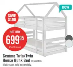 The Brick Gemma Twin Over Twin House Bunk Bed with Roof, Built-in Ladder & Guardrails for Kids - White offer