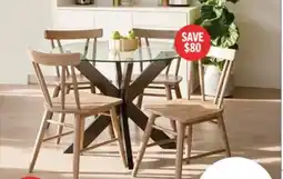 The Brick Remi 5pc Dining Set with Table & 4 Ladder-Back Chairs, Glass & Wood, 42W Round - Black & White offer