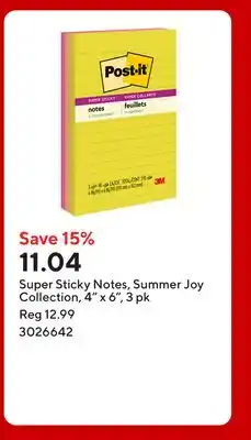 Staples Super Sticky Notes, Summer Joy Collection, 4 x 6 offer