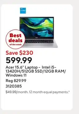 Staples Acer 15.6 Laptop - Intel i5-13420H/512GB SSD/12GB RAM/Windows 11 offer