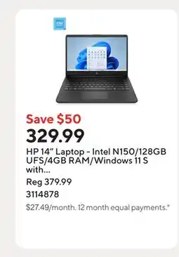 Staples HP 14 Laptop - Intel N150/128GB UFS/4GB RAM/Windows 11 S with 1-year of Microsoft 365 offer