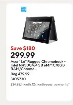 Staples Acer 11.6 Rugged Chromebook - Intel N4500/64GB eMMC/8GB RAM/Chrome OS with 3 months of Google AI Pro offer