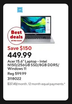 Staples Acer 15.6 Laptop - Intel N150/256GB SSD/8GB DDR5/Windows 11 offer