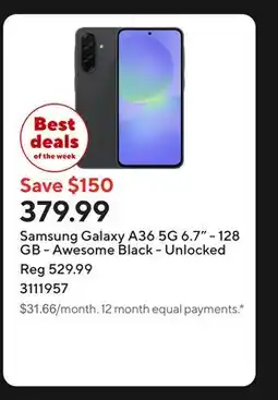 Staples Samsung Galaxy A36 5G 6.7 - 128 GB - Awesome Black - Unlocked offer