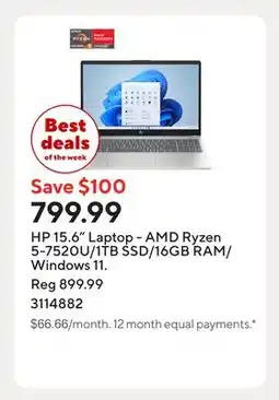 Staples HP 15.6 Laptop - AMD Ryzen 5-7520U/1TB SSD/16GB RAM/Windows 11 offer