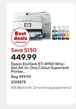 Staples Epson EcoTank ET-4950 Wireless All-in-One Colour Supertank Printer ñ White offer