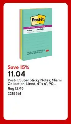 Staples Post-it Super Sticky Notes, Miami Collection, Lined, 4 x 6, 90 Sheets/Pad, 3 Pads/Pack offer